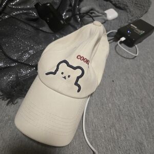 Stussy Cream Baseball Cap with Bear Embroidery and Red 'Cooki' Text